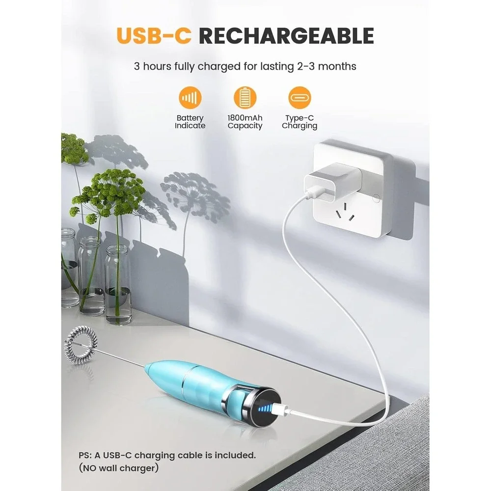 Vewaci K8 Milk Frother Handheld Blue USB-C Rechargeable Electric Milk Foamer for